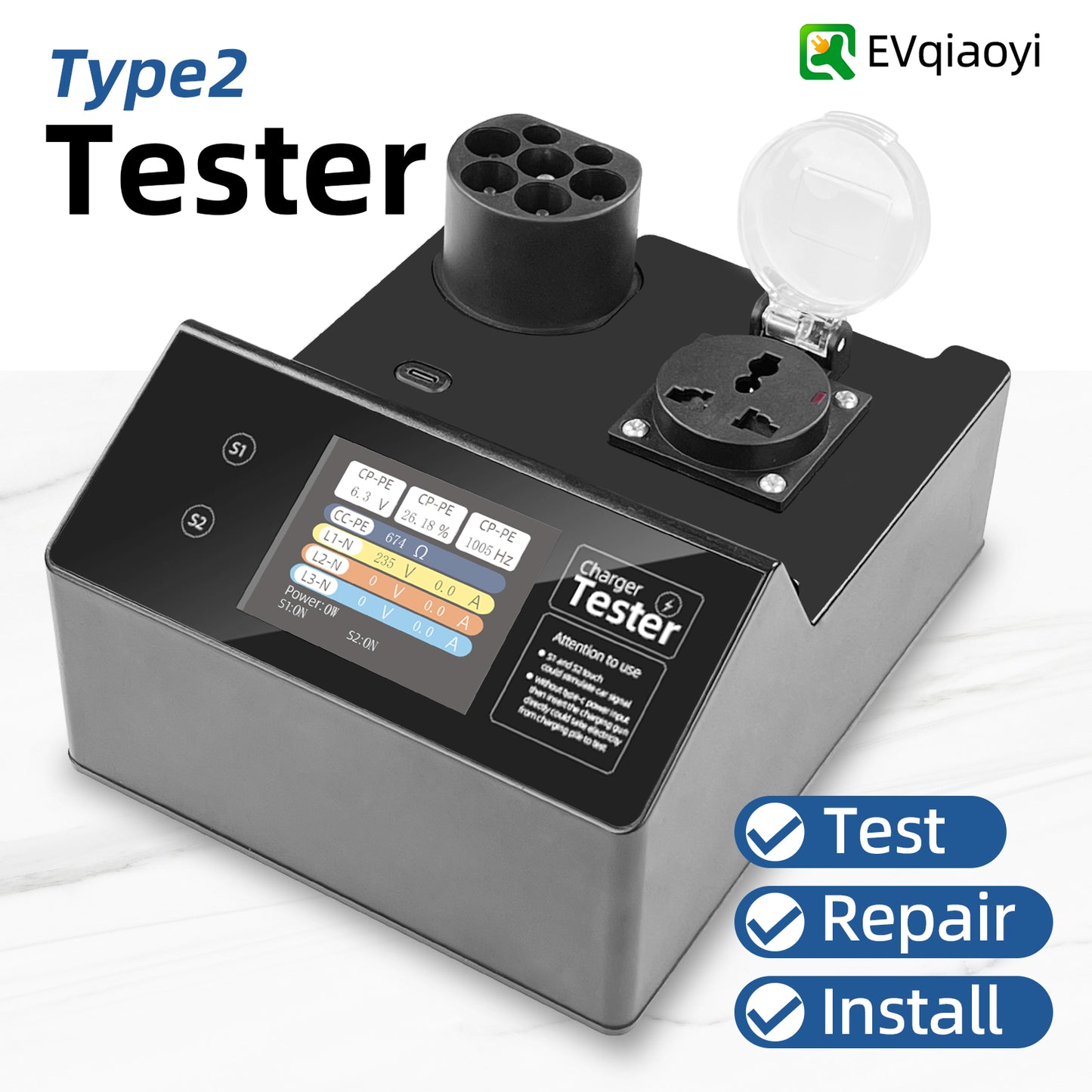 EVqiaoyi Portable Type 2 EV Charger Tester IEC 62196 with Resistive Load Function for Charging Pile Installation Testing