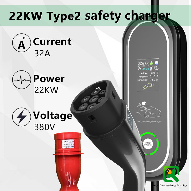 Type2 22kw 380V 32A AC Portable EV Charger with Screen Output Charging Station New Electric Vehicle Charger